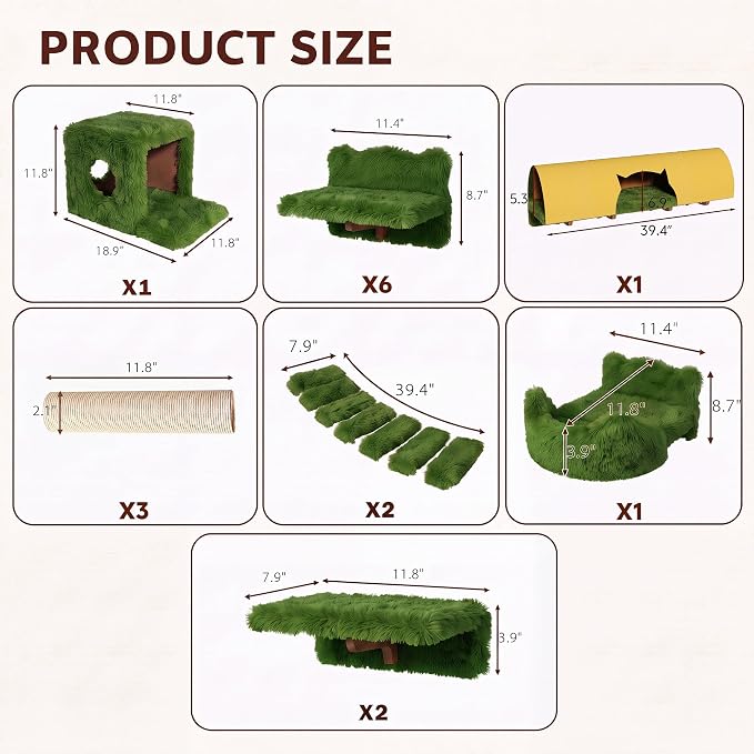 16-in-1 Cat Wall Shelves, Cat Furniture w/Tunnel & Bridge, Green | Wall Mounted Cats Shelf Set with Plush Fabric, Cat Climbing Wall Systems for Adult Cats, with Scratching Posts, Condos - Image 2