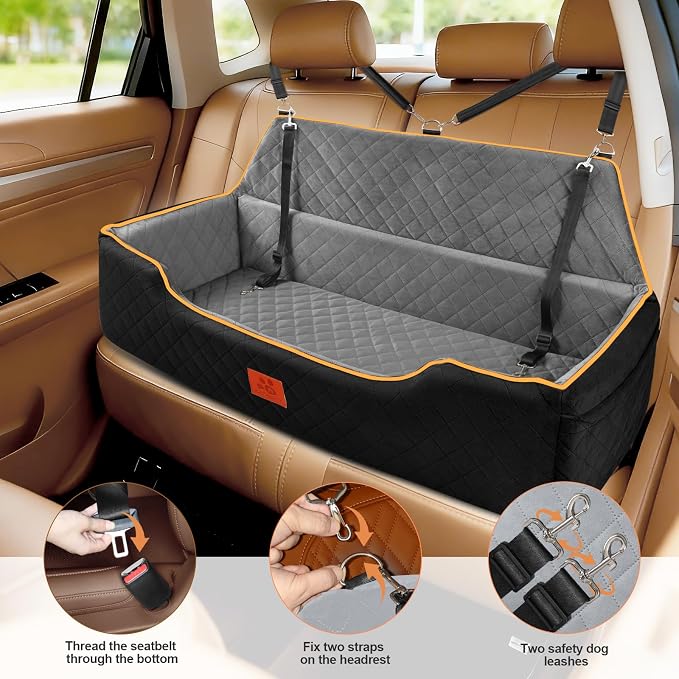 XIEEAOZEE Large Dog Car Seat for Pets Under 100 lbs, Backseat Dog Car Bed | Washable Pet Booster Seat for 2 Medium Dogs, Pet Travel Seat with Storage Pockets, Safety Belts - Image 5