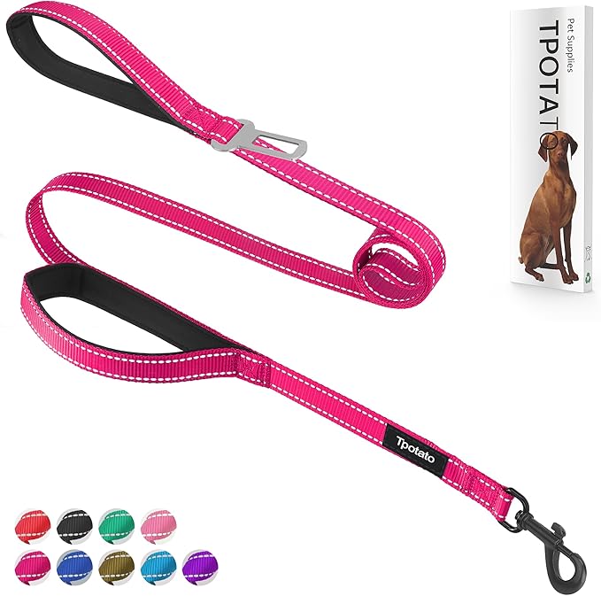 6 Foot Fuchsia Dog Leashes for Large Medium and Small Breed Dogs That Pull,Reflective Nylon Heavy Duty Dog Leash with 2 Comfortable Padded Traffic Handles and Car Seat Belt for Walking and Training by Tpotato