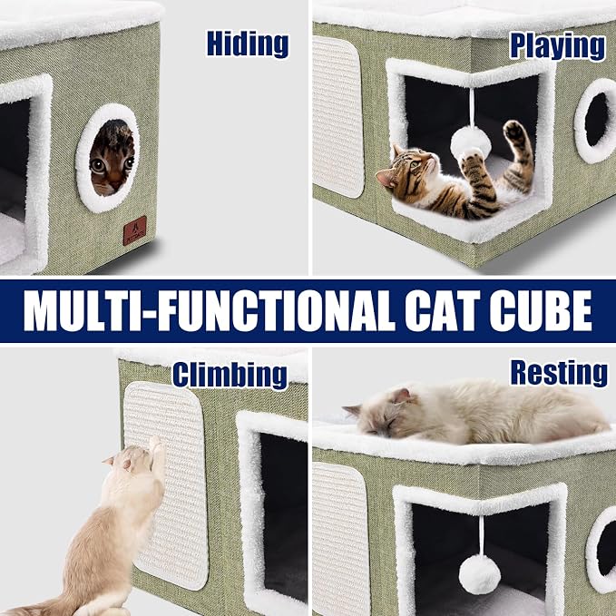 Cat Beds for Indoor Cats, Large Cat Cave Bed with Scratch Pad and Fluffy Ball, Foldable Cat Hideaway, Cat House with Reversible Cushion for Multi Small Pet Up to 30LBS, Green - Image 7