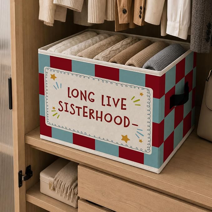 Girls Room Storage Bins Box, Sister Friendship Collapsible Organizer Basket | sweet sister themed storage box basket for books clothes, retro checkerboard organizer for nursery bedroom playroom, 10x14 in - Image 6