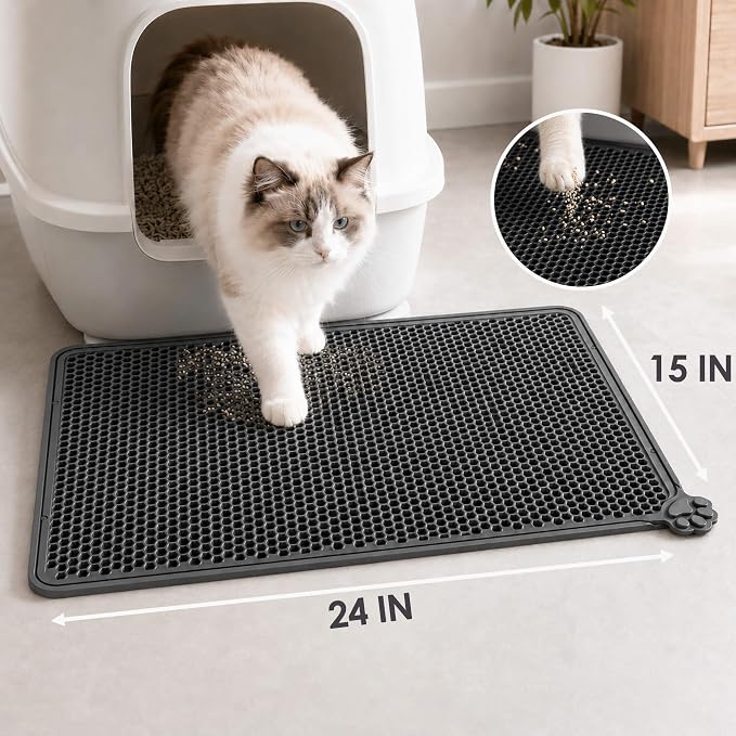 Silicone Cat Litter Mat 24x15" Double Layer Honeycomb Non-Slip | Food-Grade, Machine Washable, Anti-Crease, Claw-Proof, Raised Edges, 24 x 15‘’ Fits Standard Box, Soft on Paws - Image 5