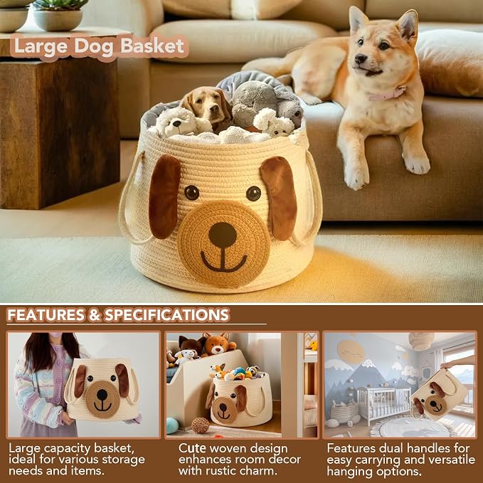 Large Dog Woven Basket with Handles - Toy Storage Bin, Baby Gift & Animal Nursery & Cute Laundry Basket, for Clothes, Towels, Toys (Dog) - Image 3
