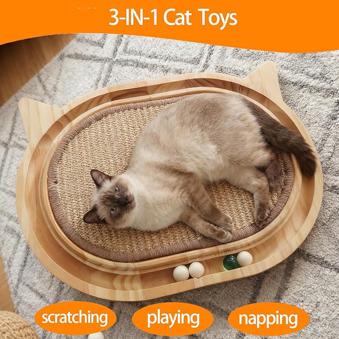 Sisal Cat Scratcher Toy with Ball Track,Wooden Interactive Cat Toy,Cats Scratch Pad for Indoor Cat, Physical Exercise for Kitty and Medium Cat - Image 3