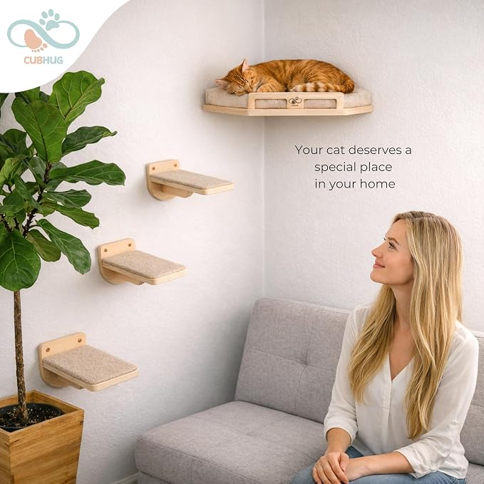 Cat Wall Shelves, Solid Wood Corner Bed, 3 Steps, Up to 25 lb, Wood | Cushion included; 2 washable covers, cotton and plush; secures across two walls - Image 2