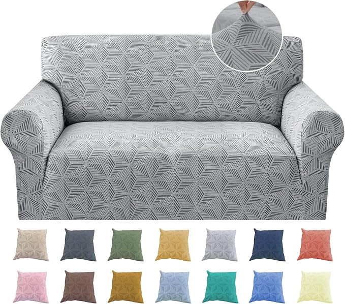 YEMYHOM 1 Piece Stretch Couch Covers for 2 Cushion Couch, Jacquard Loveseat Cover with Non-Slip Elastic Bottom, Thickened Slipcover Furniture Protector for Dogs Pets (Medium, Light Gray） by YEMYHOM