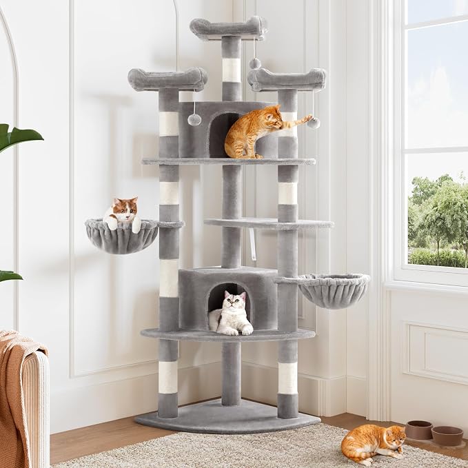 Allewie 73in Fan-Shaped Space-Saving Corner Cat Tower/Multi-Level Tall Cat Tree for Indoor Kitties/Cozy Baskets/Condos/House/Perches/Sisal Scratching Posts/Pet Activity Center/Grey - Image 2