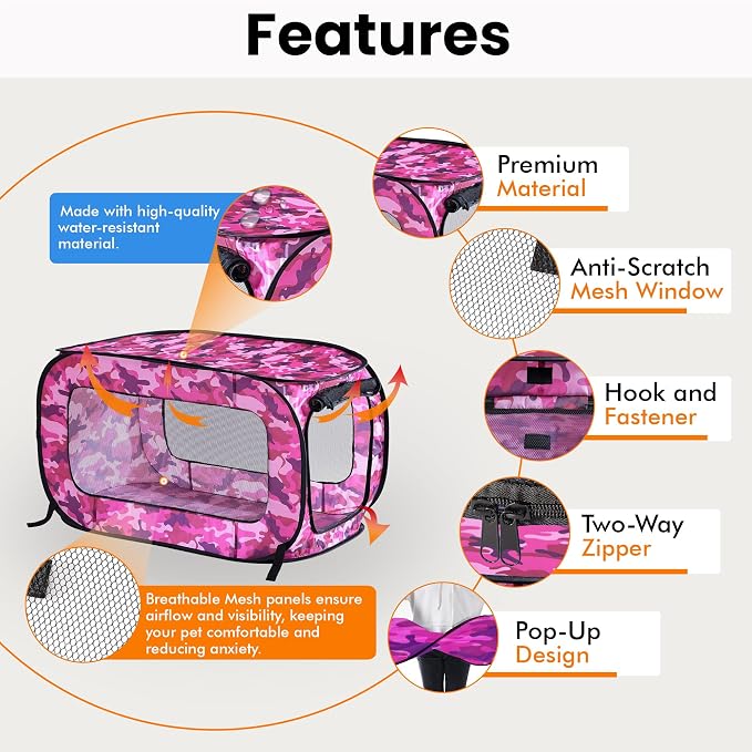 Portable Collapsible Pop Up Kennel, 24" L x 16.6" W x 16" H, Camo Pink | Collapsible indoor/outdoor travel cat and dog crate with mesh screen windows pops up and folds flat for easy storage - Image 4