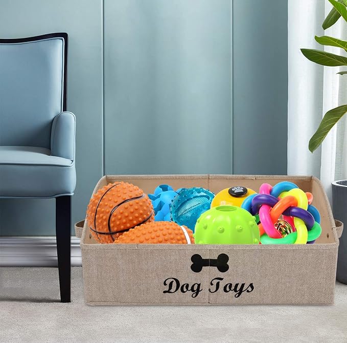Morezi Linen-cotton blend dog toy basket and dog toy box, dog toy basket storage - Perfect for organizing pet toys, blankets, leashes, chew toys - Khaki Stripe - Dog - Image 6