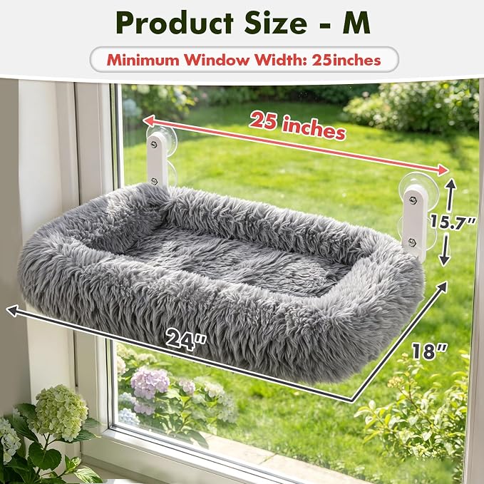 Zoratoo Foldable Cat Window Perch, Widened Cushion Cat Bed for Large Cats | M-Grey, Extra-Thick and Fluffy Bolster, Large Lying Space, Machine Washable, Cat Window Hammock with Sturdy Metal Frame - Image 5