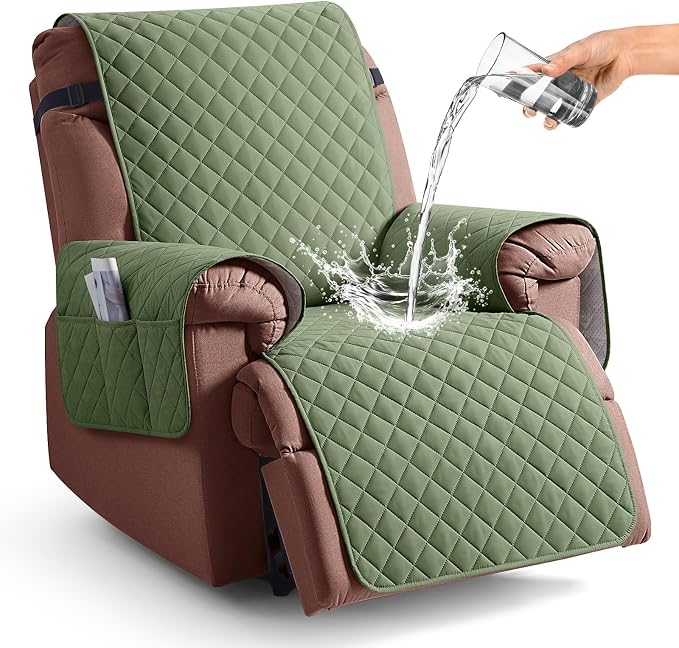 KinCam 100% Waterproof Recliner Chair Covers Washable, 23.6", Cactus Green | Anti Slip Reclining Couch Covers for Pets Dog, Recliner Sofa Slipcover Storage Pocket, Furniture Protector with Elastic Strap by KinCam
