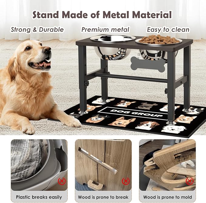SHAINFUN Elevated Dog Bowls with Slow Feeder & Mat for Medium Large Dogs, Adjustable Height, Raised Dog Bowl Stand with 2 Stainless Steel 58oz Bowls, Tall Dogs Food Water Bowl Wooden & Metal Holder - Image 5