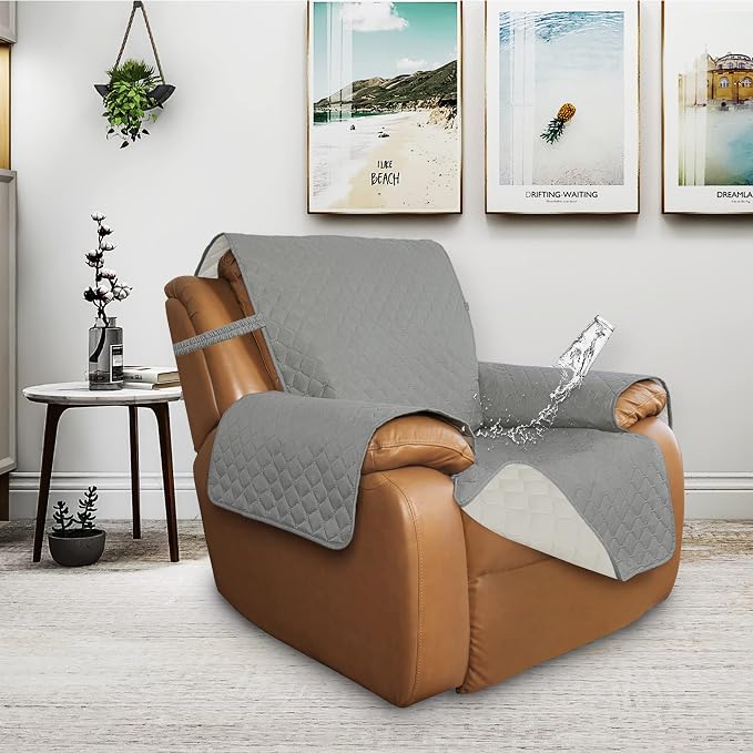 ISSUNTEX Double Protection 100% Waterproof Recliner Covers for Living Room, Reversible Furniture Protector Recliner Couch Sofa Slipcover for Dogs, Pets, Kids (Oversized Recliner, Light Gray/Ivory) - Image 2