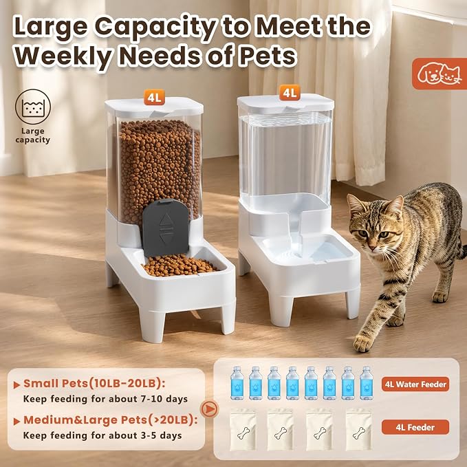 Automatic Cat Feeder and Water Dispenser Set, Top Fill Water&Food Gravity Feeder with Bowl,Easy to Hand-Washable,Elevated Base Design,Suitable for Small&Medium Cat and Dog(4L,White) - Image 4