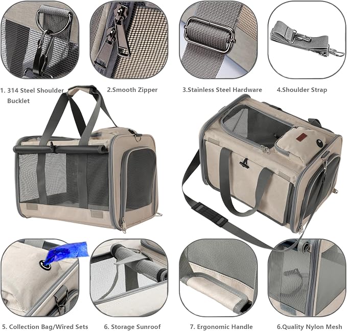Soft Cats Carrier for Small Dogs Carriers Airline Approved Puppy Travel Bag Softsides Puppy Carry,Soft-Sided,Pets Small Animals Rabbits Bunny Outdoor (Khaki) - Image 3