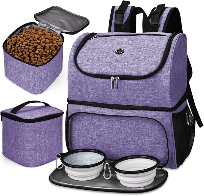 BAGLHER Pet Travel Bag, Double-Layer Pet Supplies Backpack (for All Pet Travel Supplies), Pet Travel Backpack with 2 Silicone Collapsible Bowls and 2 Food Baskets Purple by BAGLHER
