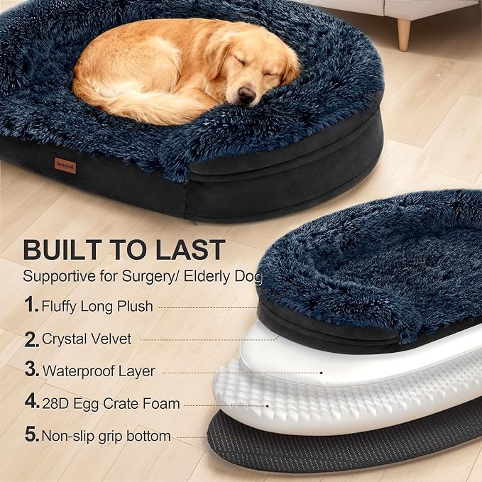 iweepet Fluffy Orthopedic Dog Beds for Large & Extra Large Dogs, 44" Calming Dog Sofa Bed with28D Egg-Crate Foam, Removable Washable Cover, Waterproof Lining, for Puppy,Senior,Sick - Image 6