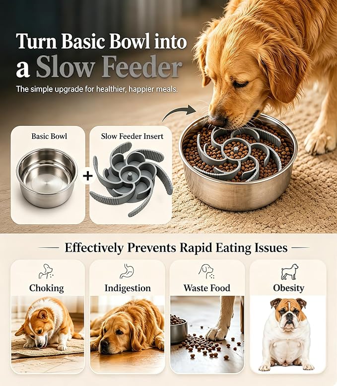 Slow Feeder Dog Bowls Insert Cuttable to fit 4.4"-7.5" Bowls Gray | Strong suction cups fit snugly,reduce fast eating,Food-grade silicone, dishwasher safe, for dogs and cats,daily mealtimes - Image 2