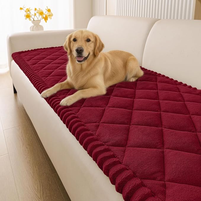 Smiry Non Slip Couch Cover for Dogs, Fuzzy Plush Pet Sofa Protector | Washable Furniture Cover for Large Dogs & Cats, Scratch & Dirt Resistant, For 2 Cushion Couch, Red, 27.6"x47" by Smiry