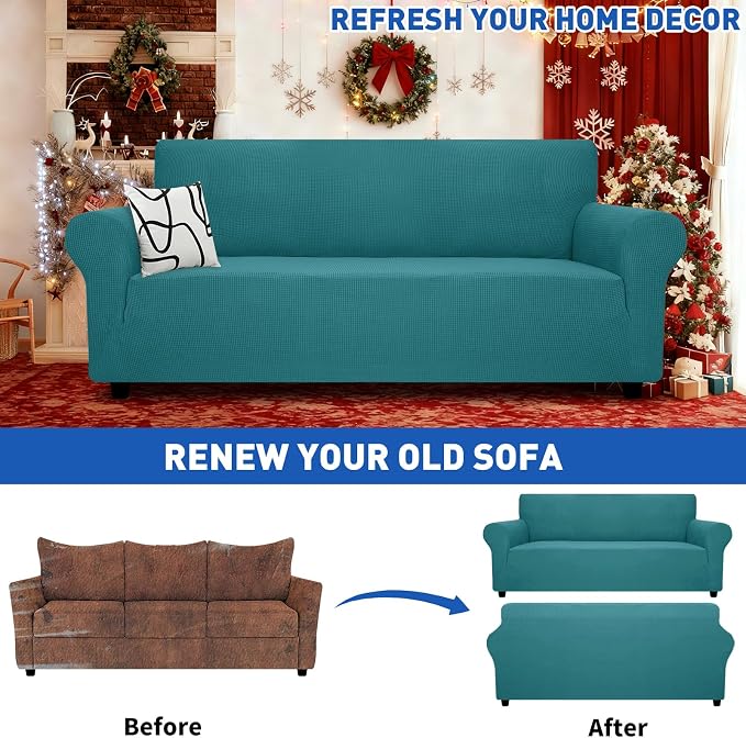 MAXIJIN Super Stretch Couch Cover for 3 Cushion Couch, 1-Piece Universal Sofa Covers Living Room Jacquard Spandex Furniture Protector Dogs Pet Friendly Fitted (Large, Peacock Teal) - Image 2