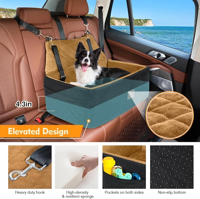 NEEZUKAR Dog Car Seat for Large Medium Size Dogs, Pet Car Seat Under 55 lbs | Thick Cushion, Detachable Washable Dog Booster Seat for 2 Small Dogs, Travel Dog Car Bed with Storage Pockets, 2 Safety Belts - Image 3