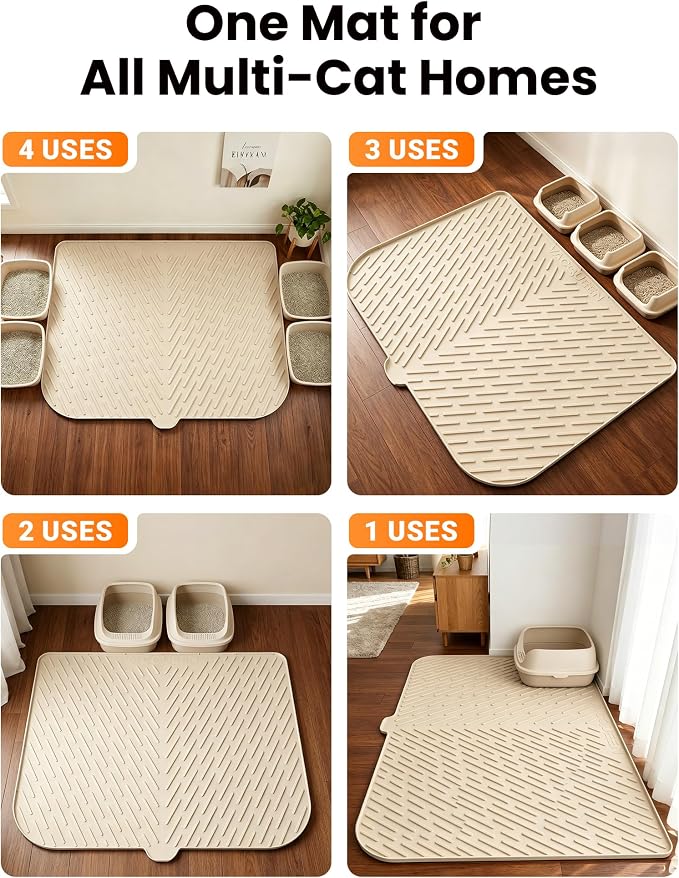 Cat Litter Mat, 47"x37" Extra Large Litter Box Mat, Silicone Mat, Beige | Waterproof Litter Trapping Mat for Scatter Control, Soft on Cat Paws Non-Slip Easy to Clean - Image 5