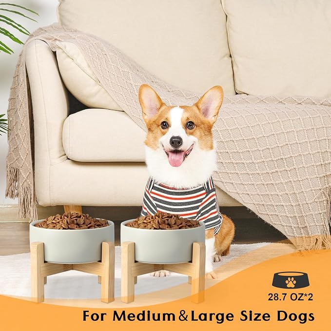 SPUNKYJUNKY Ceramic Elevated Dog Bowls 2 Pack - 6.1inch Raised Dog Bowls with Non-Slip Wooden Stand for Medium Dogs Dishwasher Safe(Grey,28.7OZ*2) - Image 7