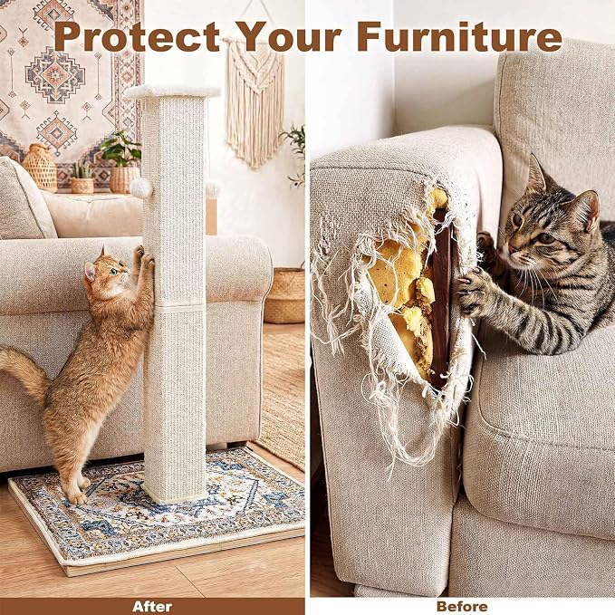 Tall Cat Scratching Post for Indoor Cats Adults with Carpet, White | 33 Inch, Large Cat Post with Perch, Heavy Duty&Stable, Sisal Rope, Cute Cat Scratcher with Boho Carpet & Dangling Ball Toys - Image 6
