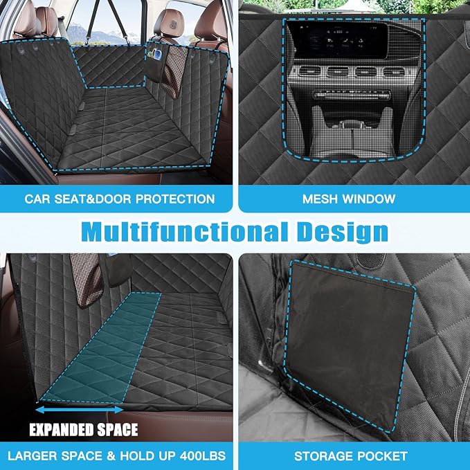 Kytely Hard Bottom Dog Car Seat Cover for Back Seat,Waterproof Car Hammock | 45% More Space, Support 400lb, Mesh Window, 600D Oxford, Anti-Scratch Nonslip Backseat Protector, Dog Seat Belt Included - Image 4
