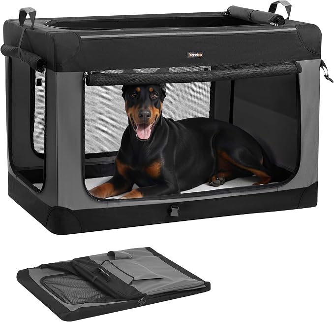 Feandrea Collapsible Dog Crate, Portable Oxford Fabric Pet Carrier, 48-Inch | For Extra Large Dogs, 4 Mesh Doors, Handles, Storage Pocket, Water Bottle Holder, Black and Gray BAX Collection UPDC022BH01 by FeandreabySONGMICSHOME