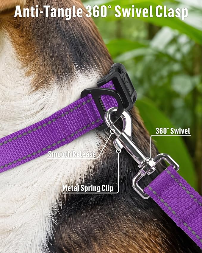 FunTags Reflective Nylon Dog Leash for Small & Medium Dogs, 6FT for Walks | Comfortable Padded Grip, Stay Safe at Night, 360° Anti-Tangle Swivel, for Dog Parks & Trails, Purple - Image 4