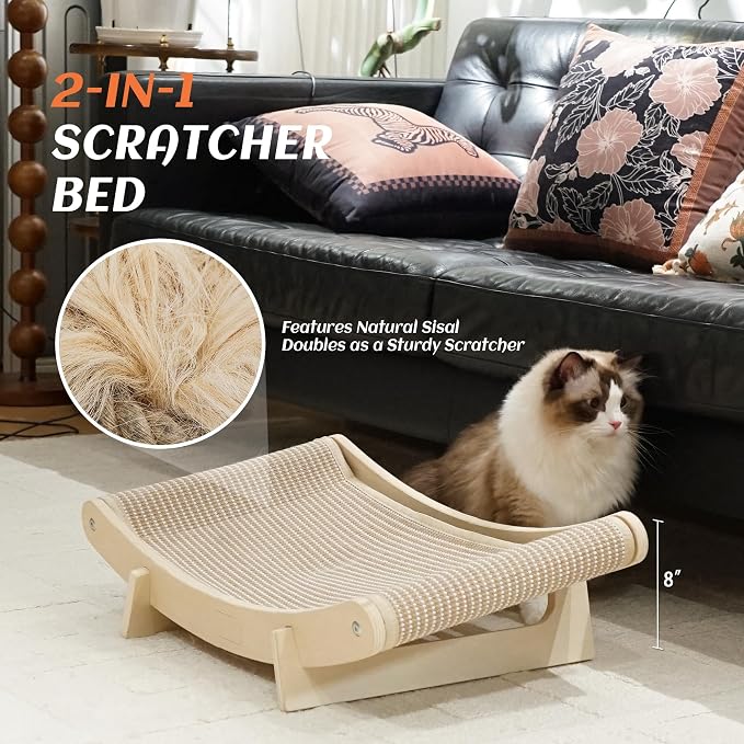 PETKARAY Inclined Sisal Cat Scratcher Bed, Curved Wooden Cat Hammock Chair, Large Scratch Pad for Indoor Cats, Cozy Cat Furniture Lounge - Image 4