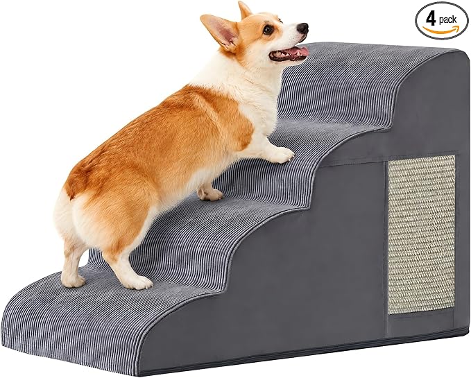 Dog Stairs for Small Dogs 19.7" H, Dog Ramp for Bed, 4-Step, Grey | Dog Steps for Bed, Couch, Pet Stairs with Non-Slip Bottom Design, Cat Scratching,High Density Foam Portable Pet Steps, Indoor by Ahpmeoa