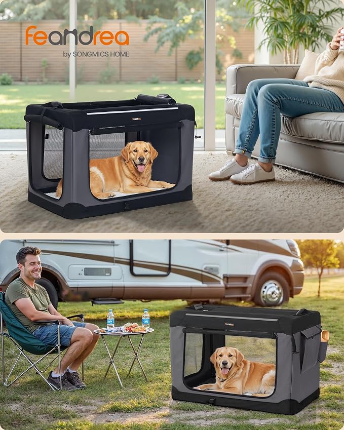 Feandrea Collapsible Dog Crate, Portable Travel Crate, 36-Inch | Oxford Fabric Pet Carrier with 4 Mesh Doors, Handles, Storage Pocket, Water Bottle Holder, UPDC019B01 - Image 2