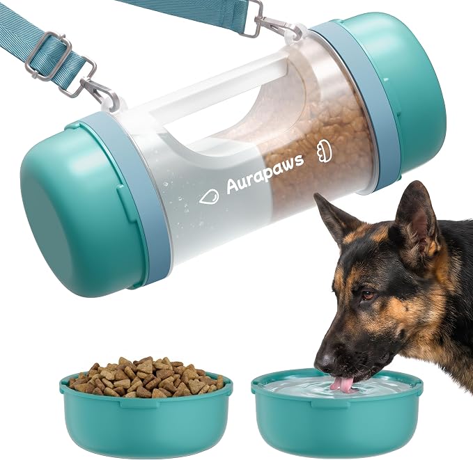 Dog Water Bottle Portable 33.5oz with Food Container & 2 Bowls | Feeding & Hydration, 13.5oz Food Storage, 13.5oz Travel Water Bowl, 6.5oz Food Bowl, Portable Pet Dispenser for Hiking Beach by Aurapaws