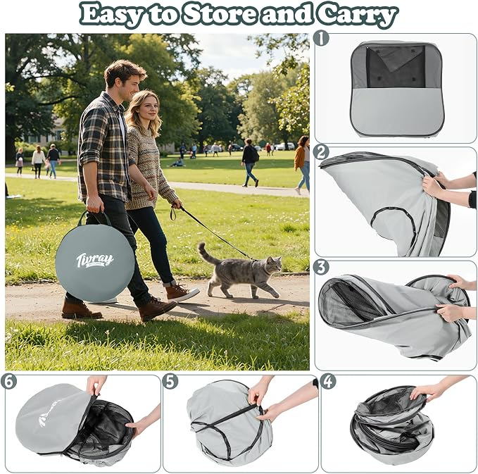 Cat Playpen, 3-in-1 Pop-up Outdoor Cat Enclosure, Gray | 2 Rooms & Tunnel, Breathable Mesh, Carry Bag, Interactive Toys, Multi-Entry Doors, Indoor & Outdoor Use for small pets - Image 7