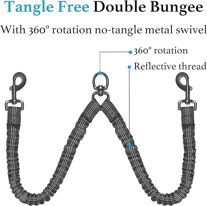 Double Dog Leash, 360° Swivel, No Tangle, Large, 25-150 lbs, Black | Dual Leash for Two Dogs, Split Leash, Shock-Absorbing Bungee, Padded Handle, Heavy-Duty Rope - Image 5