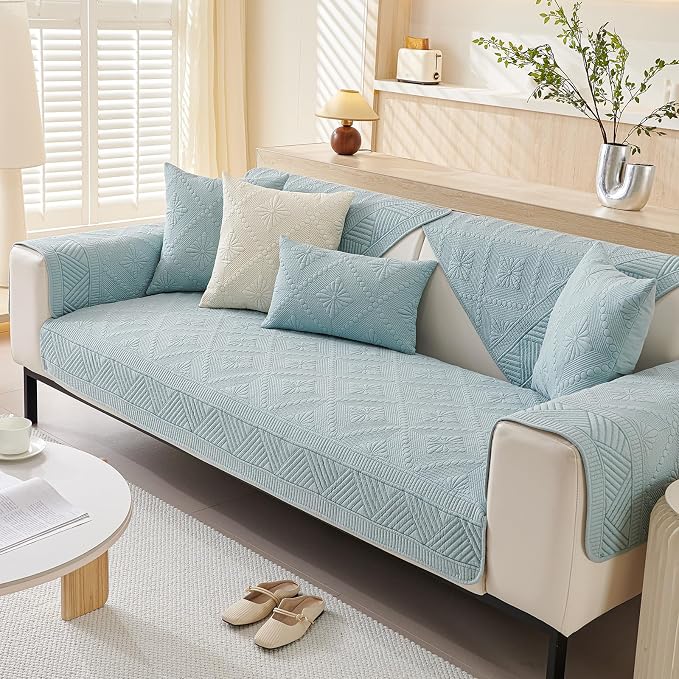 vctops Boho Cotton Quilted Sofa Couch Cover Washable Soft Non Slip Sectional Couch Covers Floral Embroidery Sofa Slipcover for Dogs, Children, Pets Furniture Protector (Blue,28"x70") - Image 5