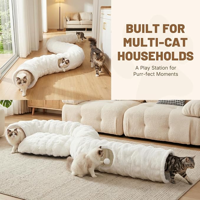 Extra Large Cat Tunnel, 47.2in Luxury Tunnel for Large Cats | Extra Long Bubble Fleece Big Cat Tunnel with Washable Mat, Skin-Friendly Large Tunnel for Cats, Puppy, Rabbits White - Image 2