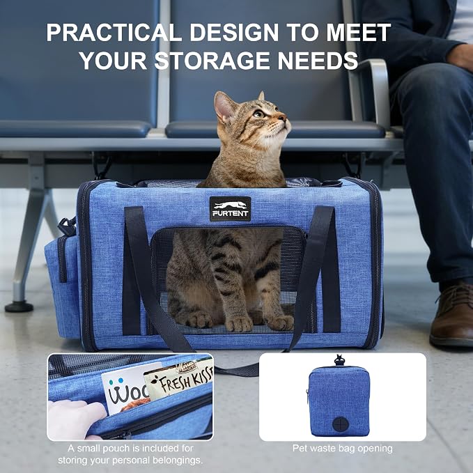 Soft-Sided Cat Carrier with Foldable Litter Box for Air Travel, Blue | A compact soft-sided carrier with a foldable litter box and organized storage for flights, car trips and hotel stays. - Image 7