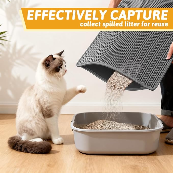 Pieviev Litter Box Mat, Double-Layer Urineproof Design, 30" x 24" Gray | Honeycomb Litter Trapping Mat Captures Scattered Particles to Stop Tracking, Waterproof Base Protects Floors, Easy to Clean - Image 3