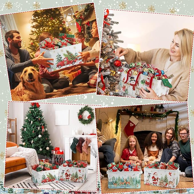 FoldTier 4 Pcs Empty Christmas Storage Baskets with Handles, Rustic | Large Foldable Christmas Baskets for Gifts, Winter Storage Boxes, Farmhouse Xmas Gift Bins for Office Home Nursery Cloth - Image 5