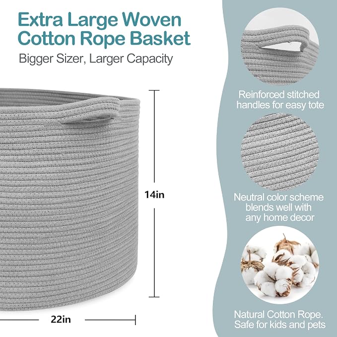MEGASKET Extra Large Grey Storage Basket, 22" X 22" X 14" XXXL Blanket Basket for Living Room, Gray Wicker Woven Cotton Rope Baskets for Storage, Kids Toy Baskets Bins, Decorative Pillow Towel Basket - Image 2