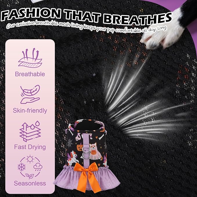 EXPAWLORER Halloween Dog Harness Small Medium Sized Dogs, Party Costume M | No Choke No Pull Mesh Vest Dog Dress Bowknot Harness and Leash Set Soft Cute Princess Puppy Outfits Clothes for Girls Cats - Image 3
