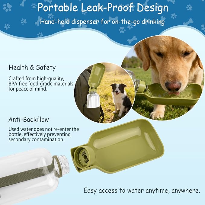 Portable Dog Water Bottle-18 Oz Leak-Proof Green Water Bowl Dispenser for Walk Hiking or Travel - Image 2