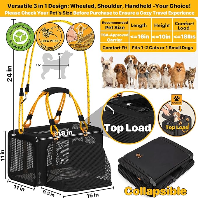 PAWZIDEA Expandable Pet Carrier for Small Cats & Dogs, TSA Airline Approved | 18"×11"×11" Soft-Sided Small Dog Travel Bag, Collapsible Top-Load Cat Carrier for 2 Cats Under Seat, Puppy Car Seat Up 15lbs - Image 2