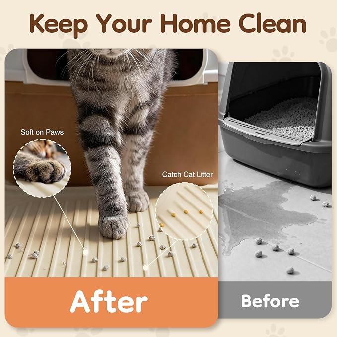 ISSEVE XXL Cat Litter Mat, Extra Large Silicone Litter Box Mat, Beige | 54" x 27.5" XXL, 1.38" Raised Edge, Urine Proof, Litter Trapping Mat for Scatter Control, Soft on Kitty Paws, Protect Floor - Image 6