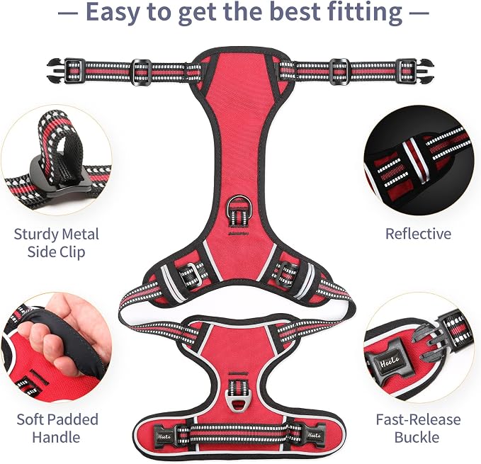 HEELE Dog Harness, No Pull Adjustable Padded Reflective Harness for Small Medium Large Dogs with Handle for Walking Training,Red, L | Soft Breathable Padded for Large Harness, No Pull No Choke, Adjustable 2 Metal Rings for Outdoor Walking Training - Image 5