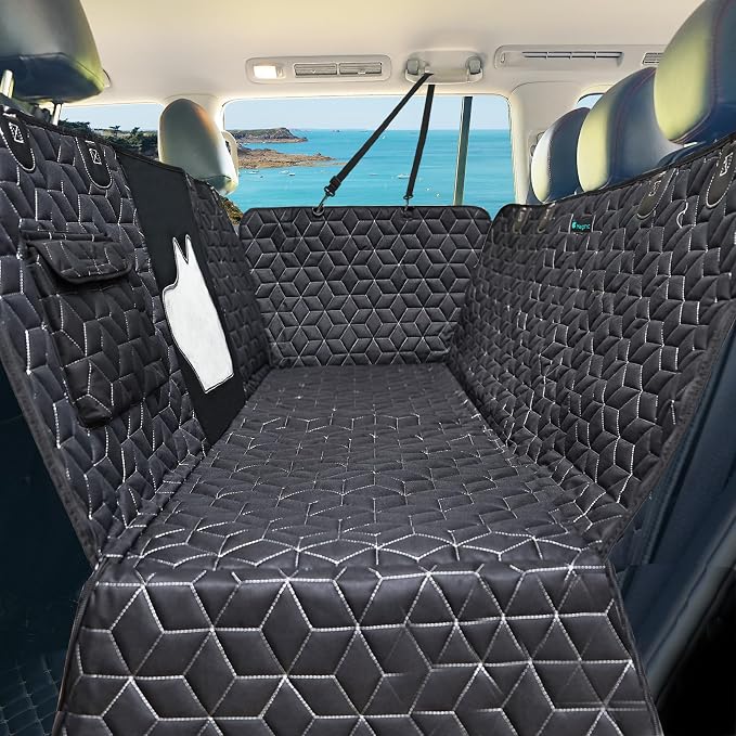 Meginc 56" Dog Seat Cover for Back Seat, Scratch Resistant Hammock for Car | 600D Waterproof Oxford Protector with Mesh Window,Side Flaps and Non-Slip Backing Pet Seat for SUVs and Mid-Siz e Cars by Meginc