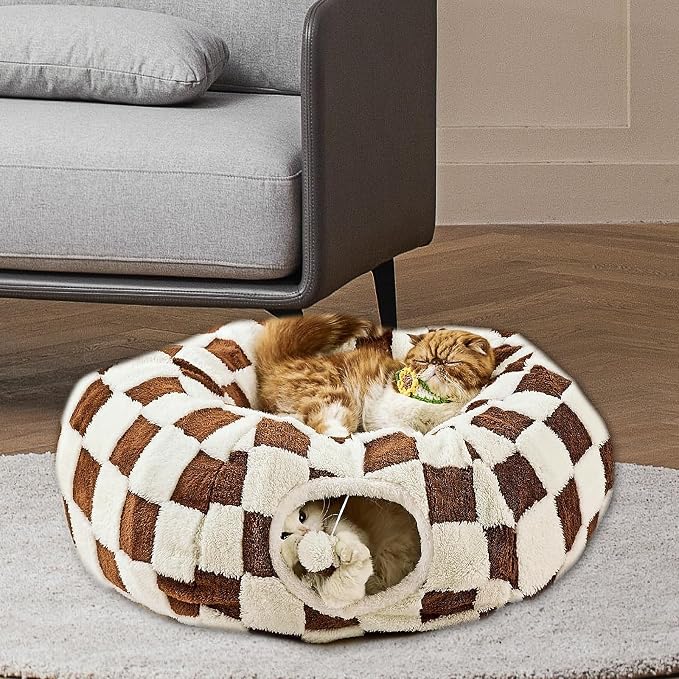 Cat Tunnel Bed with Washable Cushion for Indoor Cat, Donut Cave Tube Toys for Kitten Puppy Rabbit, Brown - Image 2